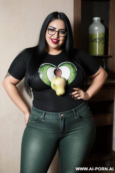 Mexican, chola, hugely pear shaped, gordita, drinking potion, hourglass figure, punk rocker, wearing band shirt, drinking a green potion, wearing glasses - ai-porn.ai - Mexico on pornintellect.com