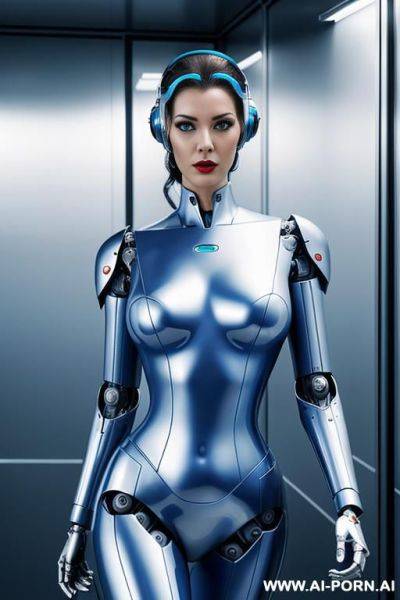 Immagine realistica di elevata qualità, cyborg robot metallic di colore whait and sky blue. - ai-porn.ai on pornintellect.com