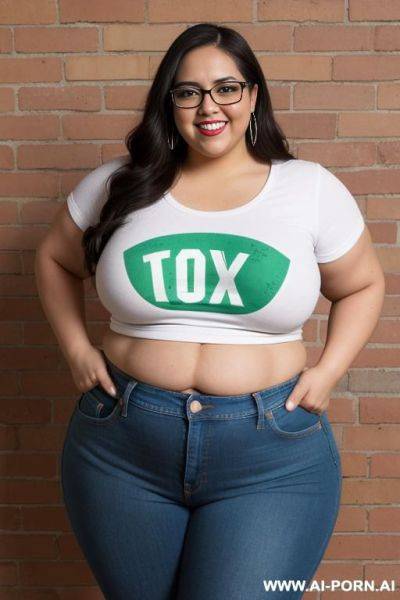 Mexican, very chubby, gordita, eating, nerd, glasses, ultra wide hips, standing up, tight jeans, band shirt, ssbbw, rotund, huge, eye shw, eating taco, beautiful face - ai-porn.ai - Mexico on pornintellect.com