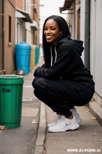 Black american woman, straight hair, trainingspants, colored hoodie, squatting in alley behind trashcans side-view - ai-porn.ai - Usa on pornintellect.com