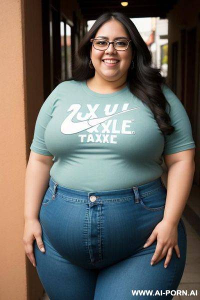 Mexican, very chubby, gordita, nerd, glasses, ultra wide hips, standing up, tight jeans, band shirt, ssbbw, rotund, huge, eye shw, eating taco - ai-porn.ai - Mexico on pornintellect.com