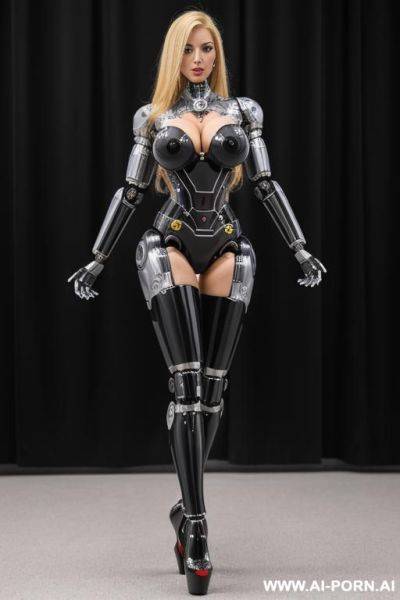 Blonde robot, full body view, (fully black robotic body, athletic body, platform stilettos, huge robotic tits:1.1) - ai-porn.ai on pornintellect.com