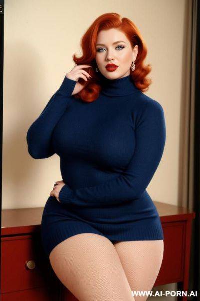 160s. 166. vintage, retro. 30 years old milf. ginger hair. curvy, busty, chubby, voluptuous body. red nails. lipstick. blue hugging turtleneck sweater. blue eyes. full body shot. cutie babe face. short. - ai-porn.ai on pornintellect.com