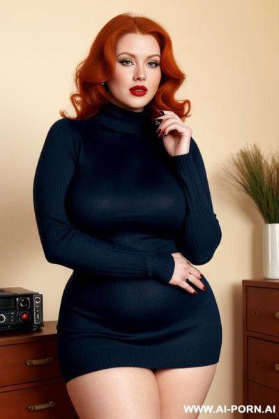 10s. 1. vintage, retro. 30 years old milf. ginger hair. curvy, busty, chubby, voluptuous body. red nails. lipstick. hugging turtleneck sweater. blue eyes. full body shot. cutie babe face. short. - ai-porn.ai on pornintellect.com