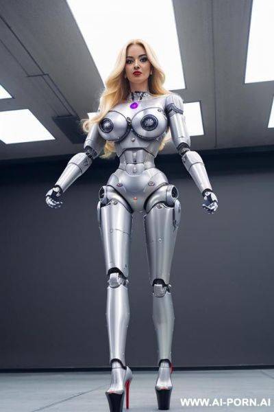 Blonde robot, (fully robotic body, athletic body, platform stilettos, huge robotic tits:1.2) - ai-porn.ai on pornintellect.com