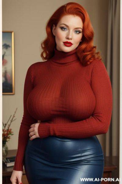 160s. 166. vintage, retro. 35 years old milf. ginger hair. curvy, busty, voluptuous body. red nails. lipstick. hugging turtleneck sweater. blue eyes. full body shot. cutie babe face. short. seductive look. big natural breasts. - ai-porn.ai on pornintellect.com