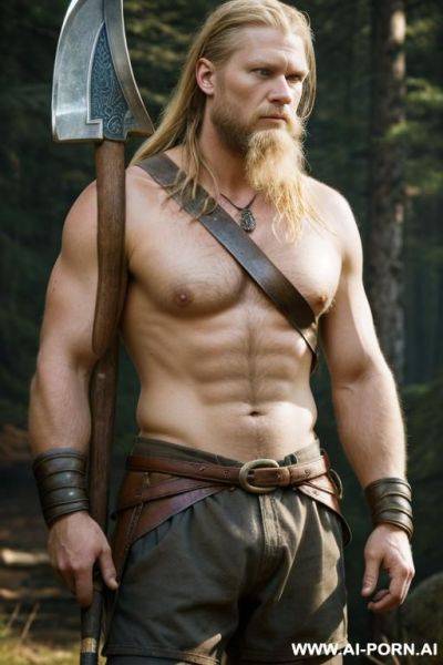 Viking, man, short pants an the skin of bear on the shoulders, an one-hand-axe in each hand, blond, blue eyes, - ai-porn.ai on pornintellect.com