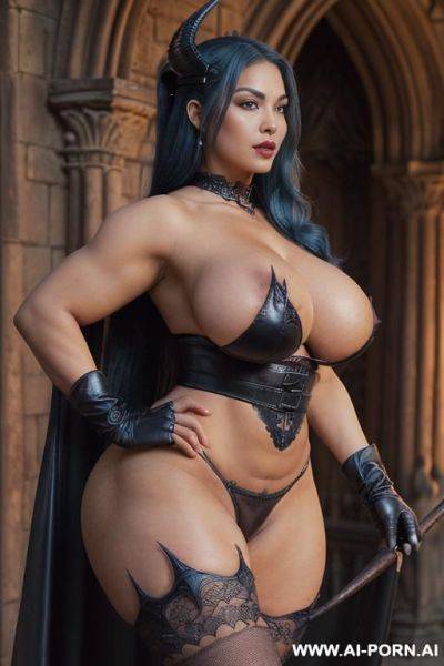 (((realistic look, super realistic))) ((frontal view)) (((sexy beautiful devil woman, succubus woman))) ((long ponytail hairstyle)) ((perfect beautiful face, beautiful plump lips)) ((big expressive sexy - ai-porn.ai on pornintellect.com