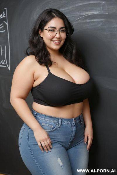 Mexican, very huge , fat face, fat arms, hourglass shaped, eye shw, exceptionally wide hips, high rise jeans, big hair, band shirt, extra thicc, massive thighs - ai-porn.ai - Mexico on pornintellect.com