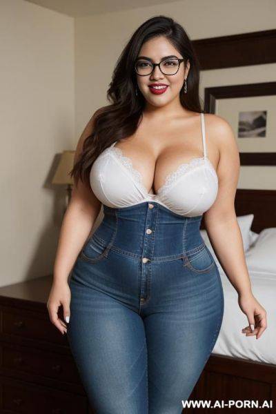 Mexican, super , supermodel, super wide hips, hourglass figure, long hair, wearing band shirt, high rise jeans, huge, super thicc, very wide, rotund physique, - ai-porn.ai - Mexico on pornintellect.com