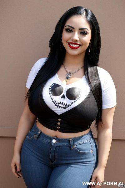 Mexican, chola,, nerd, hourglass figure, wearing band shirt, very wide hips - ai-porn.ai - Mexico on pornintellect.com