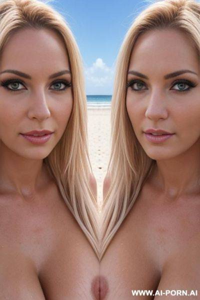 Two bimbo moms, fully nude, at beach, high photo detail, symmetrical face detail, - ai-porn.ai on pornintellect.com