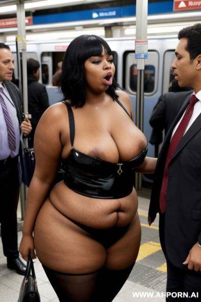 A very fat black woman is sucking two cocks in a crowded station - ai-porn.ai on pornintellect.com