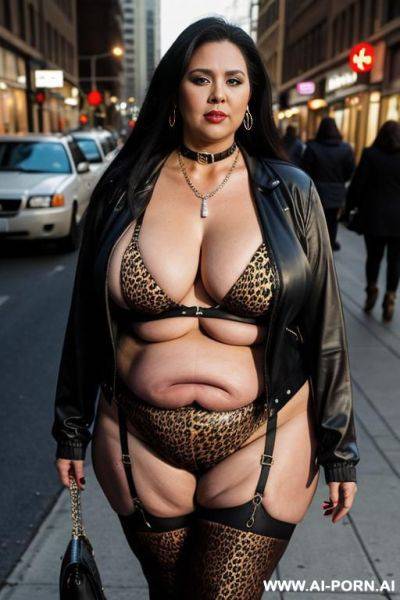 Fat old milf, animal print hooker outfit, huge saggy boobs, long straight hair, crop jacket, necklace, choker, elries, street night, waist shot - ai-porn.ai on pornintellect.com