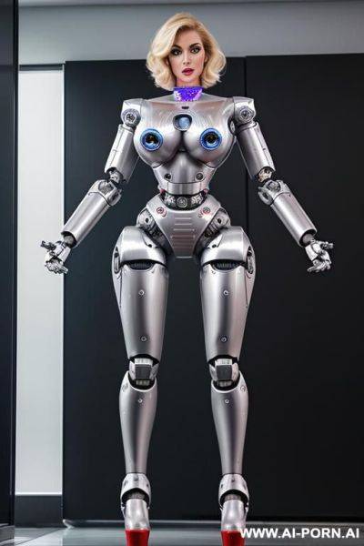 Robot superwoman, short blonde hair, (fully robotic body, athletic body, huge robotic tits:1.3), platform stilettos - ai-porn.ai on pornintellect.com