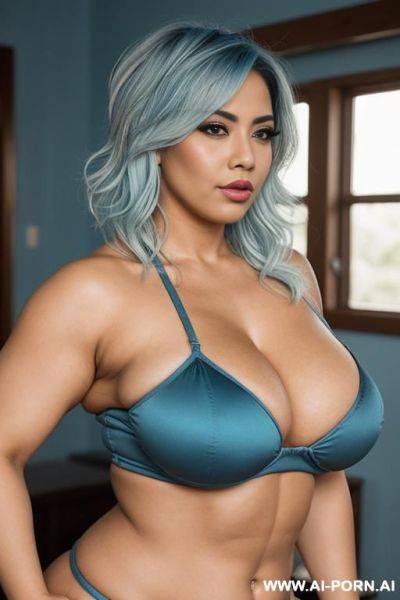 Bobcat hairdo, light blue hair, hispanic woman, sexy, attractive, beautiful, buxom, obese, bulked up muscled tihghs - ai-porn.ai on pornintellect.com