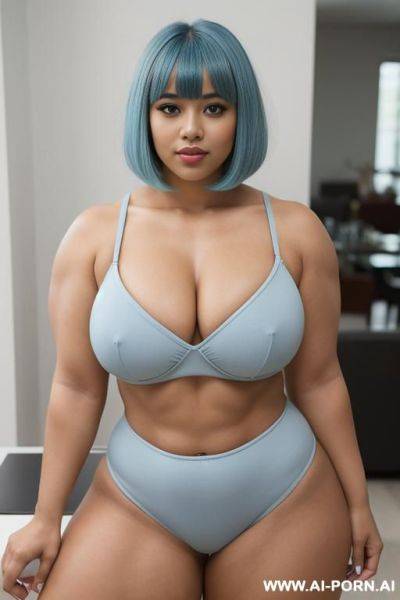 Bob with bangs haircut, light blue hair, hispanic woman, sexy, attractive, beautiful, buxom, obese, bulked up muscled thighs, full body in frame - ai-porn.ai on pornintellect.com