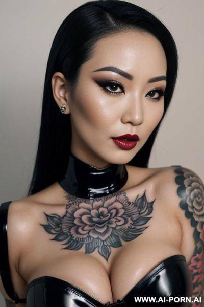 Photorealistic asian bimbo, slutty makeup, slutty tattoos, latex corset, ((keep face)), pov closeup - ai-porn.ai on pornintellect.com