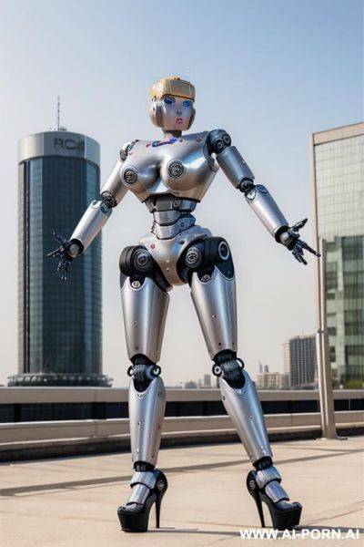 Robot superwoman, short blonde hair, (fully robotic body, athletic body, huge robotic tits:1.3), platform stilettos - ai-porn.ai on pornintellect.com