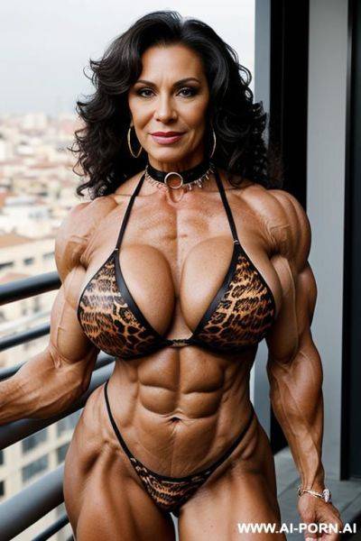 Matured old milf, wrinkles, wrinkled skin, aging marks, extremely tanned skin, wide hips, animal print hooker outfit, necklace, choker, elries, perfect eyes, waist shot, balcony - ai-porn.ai on pornintellect.com
