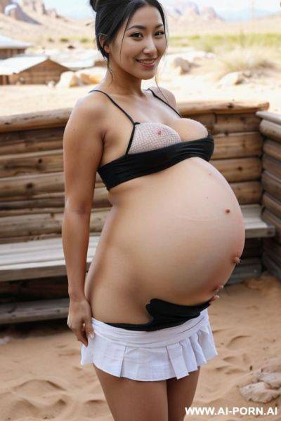 Woman bimbo, voluptuous, latina, smile, black hair, long hair wavy bun, nude, beach - ai-porn.ai on pornintellect.com