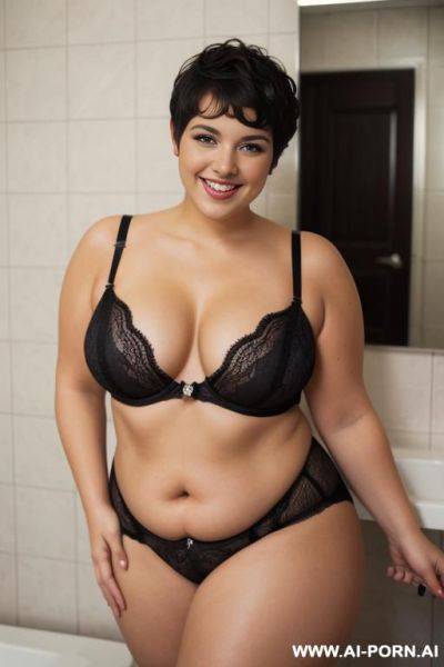 Woman, 5, smiling, chubby and curvy, curly pixie cut, black lingerie, seductive pose, bathroom - ai-porn.ai on pornintellect.com
