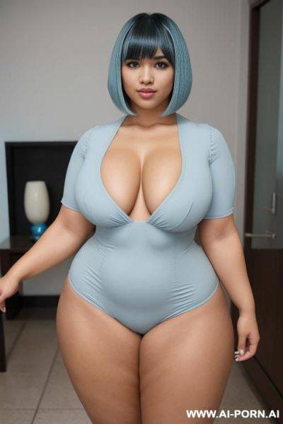 Bob with bangs haircut, light blue hair, hispanic woman, sexy, attractive, beautiful, buxom, obese, bulked up muscled thighs, full body in frame - ai-porn.ai on pornintellect.com