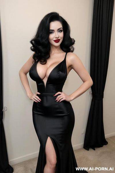 Hourglass figure, tapered waist, smirking face, eye contact, ((sexy gown)), (bright pallid body), pin-up model, seductive, miss universe model, pouty red lips, big lips, ((bouffant hairdo)) (((mistress of the dark))) - ai-porn.ai on pornintellect.com