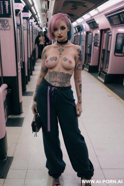 ((topless)), ((natural plump breasts), (pretty face), (wide hips), (soft seductive smile), (baggy pants), (choker) - ai-porn.ai on pornintellect.com