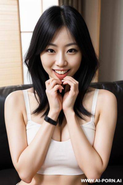 One beautiful japanese womans, perfect smile, modern livingroom, straight black hair, tight crop top and thong - ai-porn.ai - Japan on pornintellect.com