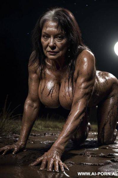 Night (very dark night), coniferous forest (forest in the night is dark and scary), bright full moon on the dark sky ((red moon very realistic), aged woman on all fours pose is in the - ai-porn.ai on pornintellect.com
