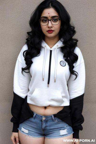 Pale skin, cute, beautiful, indian woman, round glasses, shorts, chubby, deep navel, hoodie, chubby - ai-porn.ai - India on pornintellect.com