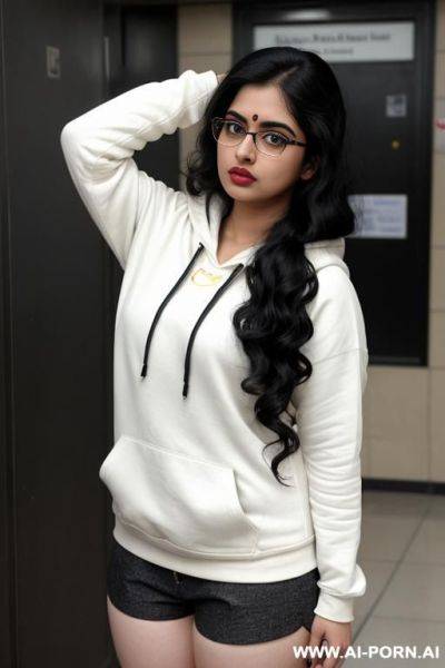 Pale skin, cute, beautiful, indian woman, round glasses, shorts, chubby, hoodie - ai-porn.ai - India on pornintellect.com