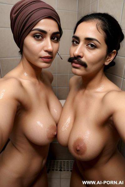 Two lesbian milfs with a mustache wearing only a hijab with hairy pussy and hairy armpits taking a shower together - ai-porn.ai on pornintellect.com