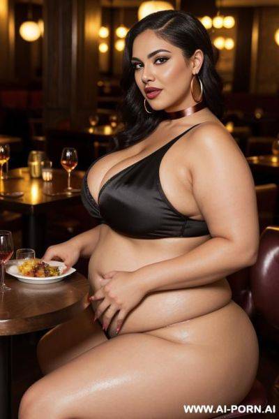 (fat latina babe), ((tapered bbw thick body)), perfect face, (natural saggy low hanging medium sized boobs), (micro-sized areolas), seductive wicked smile, alluring, eye contact, mascara, (big greek - ai-porn.ai - Greece on pornintellect.com