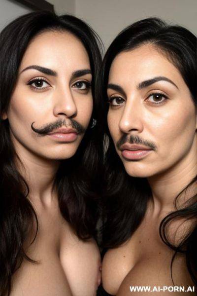 Two lesbian milfs with a mustache wearing only a hijab with hairy pussy and hairy arms in bed together - ai-porn.ai on pornintellect.com