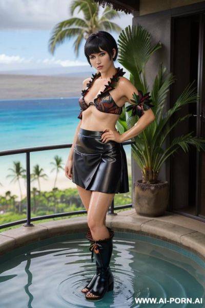 Wet black bra, black pantyhose, wet black skirt, high boots, standing in pool - ai-porn.ai on pornintellect.com
