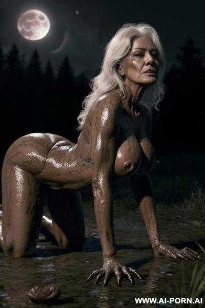Misconduct, night (very dark night), coniferous forest (forest in the night is dark and scary), bright full moon on the dark sky ((red moon very realistic), aged woman on all fours pose is - ai-porn.ai on pornintellect.com
