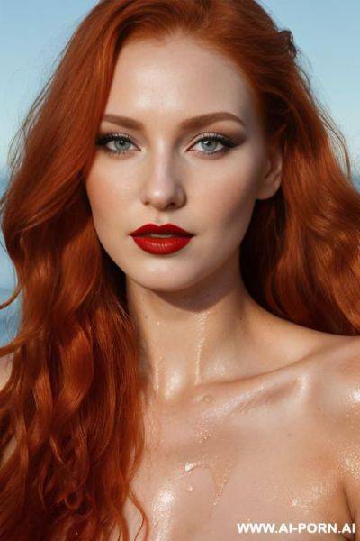 (keep face) (seductive lady) (field) (summer) (makeup) (looking into camera) (oily wet skin) (long wavy ginger hair) (red lipstick) (smokey eyes) - ai-porn.ai on pornintellect.com