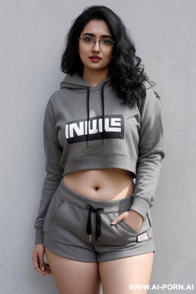 Pale skin, cute, beautiful, indian woman, round glasses, shorts, chubby, flashing navel, hoodie, background ((grey wall)) - ai-porn.ai - India on pornintellect.com