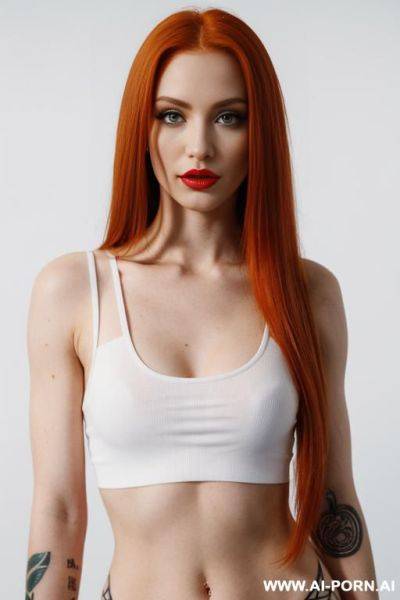 (long straight hair) (ginger hair) (makeup) (red lips) (ideal facial ratios) (see-through top) ((emo)) (athletic body) (large tattoo) (natural boobs) (erotic) (aroused) (flirty) (dominant) (bdms) (look into camera) (deep of field) (white background) - ai-porn.ai on pornintellect.com