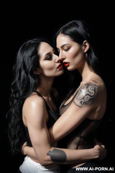 ((2 women hugging)) ((looking at each other)) (long wavy hair) (soft black hair) (makeup) (red lips) (ideal facial ratios) (loose fitting white tank top) (see-through top) (athletic body) (large - ai-porn.ai on pornintellect.com