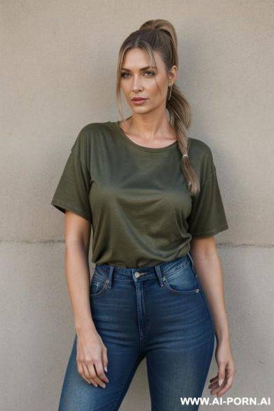Blue jeans, olive t-shirt, blomde ponytail - ai-porn.ai on pornintellect.com
