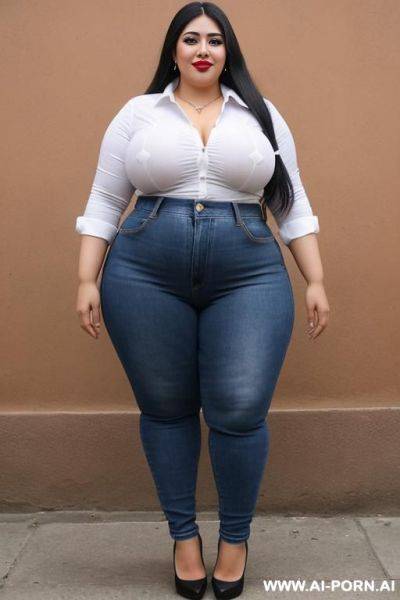 Mexican, hourglass shaped, white shirt, tight blue jeans, at carniva, heavy makeup, eye shw, lipstick - ai-porn.ai - Mexico on pornintellect.com