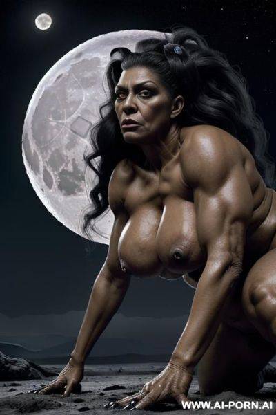 Night (very dark night), coniferous forest (forest in the night is dark and scary), bright full moon on the dark sky ((the disk of the moon looks like the face of a monstrous creature), - ai-porn.ai on pornintellect.com