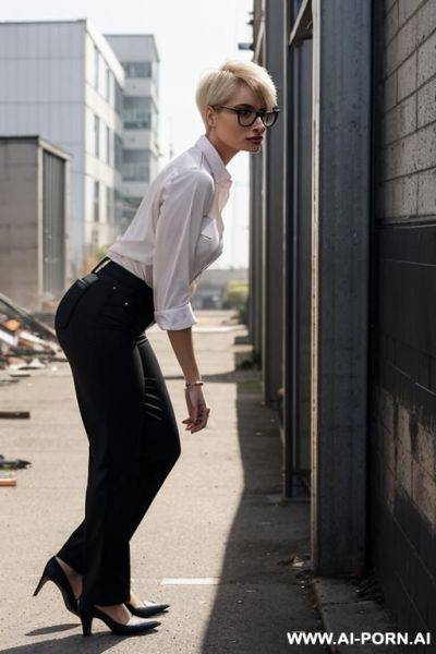 Slender, glasses, blonde, pixiecut, squatting in mess behind industrial building, pants, shirt, side-view - ai-porn.ai on pornintellect.com