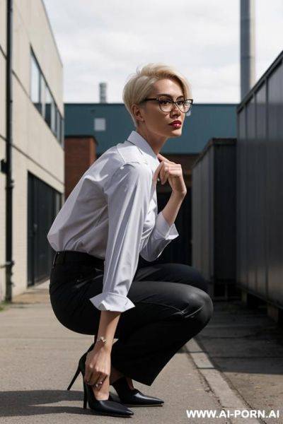 Slender, glasses, blonde, pixiecut, squatting behind industrial building, pants, shirt, side-view - ai-porn.ai on pornintellect.com