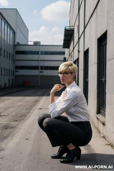Slender german, glasses, blonde, pixiecut, squatting behind industrial building, pants, shirt, side-view - ai-porn.ai - Germany on pornintellect.com