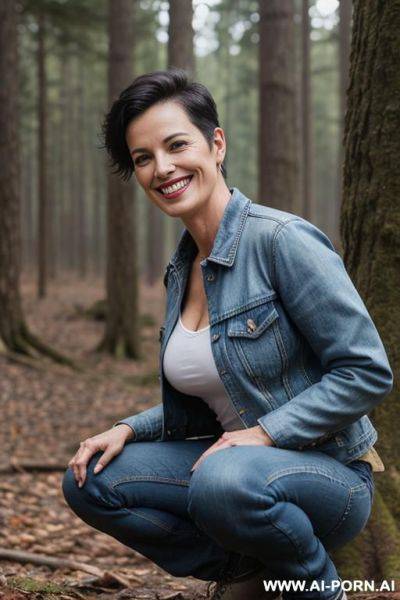 Pixiecut, squatting in forest, jeans, shirt, jacket, side-view - ai-porn.ai on pornintellect.com