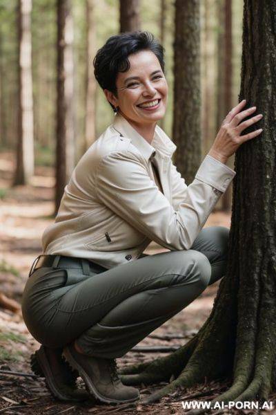 Pixiecut, squatting in forest, pants, shirt, jacket side-view - ai-porn.ai on pornintellect.com